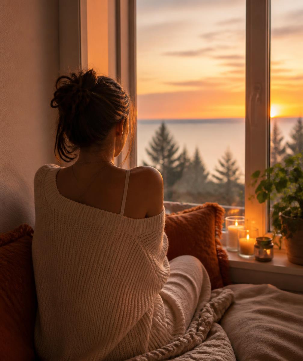 Mulher sentada de costas observando o pôr do sol pela janela, com velas e planta