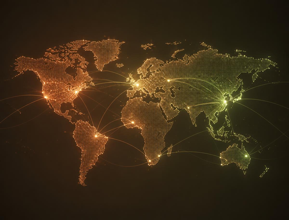 Mapa-múndi digital com pontos e conexões brilhantes entre regiões